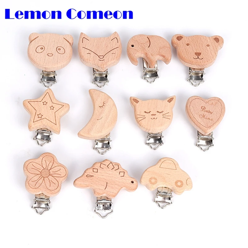 5PCS Wooden Cute Pacifier Clips Wood Beads Star Bear Cat Elephant Funny Nipple Pacifier Holder Clip Clasps for DIY Teether Chain