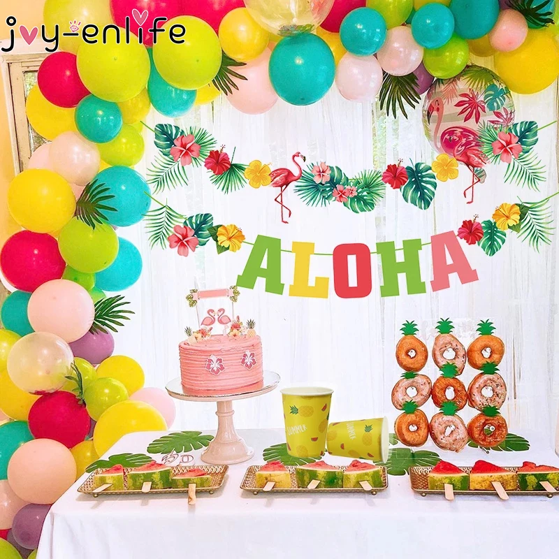 

Summer Tropical Luau Party ALOHA Palm leaves Banner Bunting Flamingo Party Garlands Hawaiian Beach Birthday Party Decorations