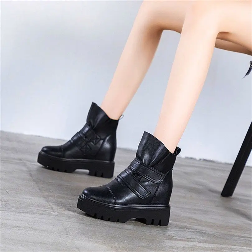 Increasing Height Military Women Cow Leather Round Toe Ankle Boots Platform Wedge High Heel Oxfords Pull On Creeper Shoes 34 -39