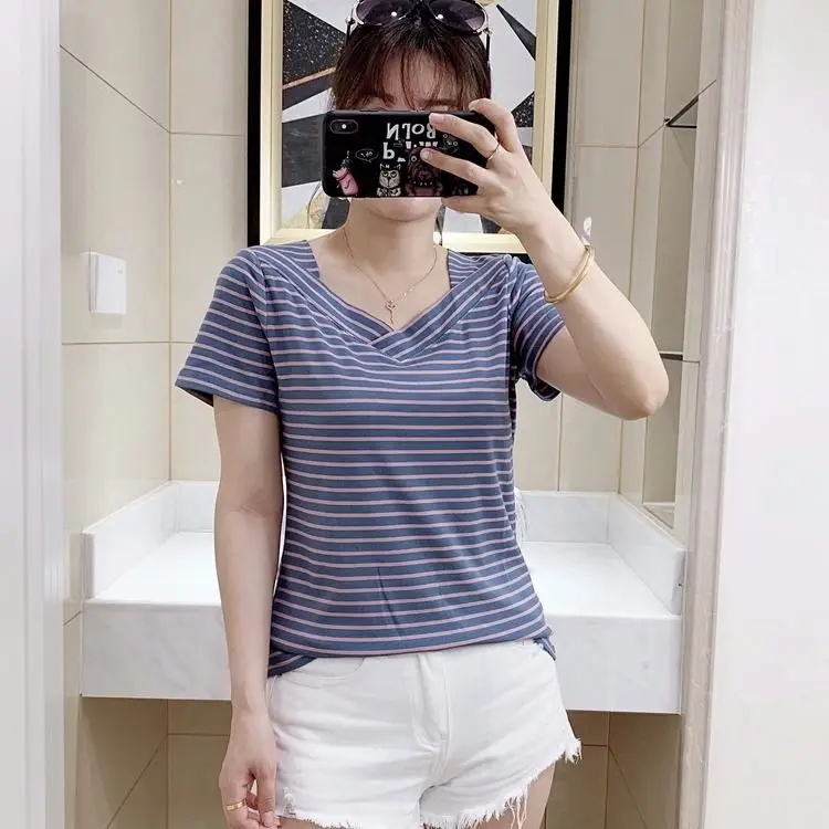 

V-neck stripe short sleeve top 2021 summer new thin T-shirt backing shirt versatile fashion women's small shirt
