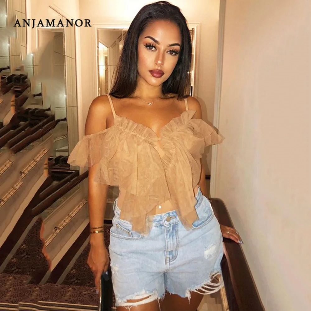 Женское Сетчатое боди с рюшами ANJAMANOR цельный топ Клубная одежда на тонких