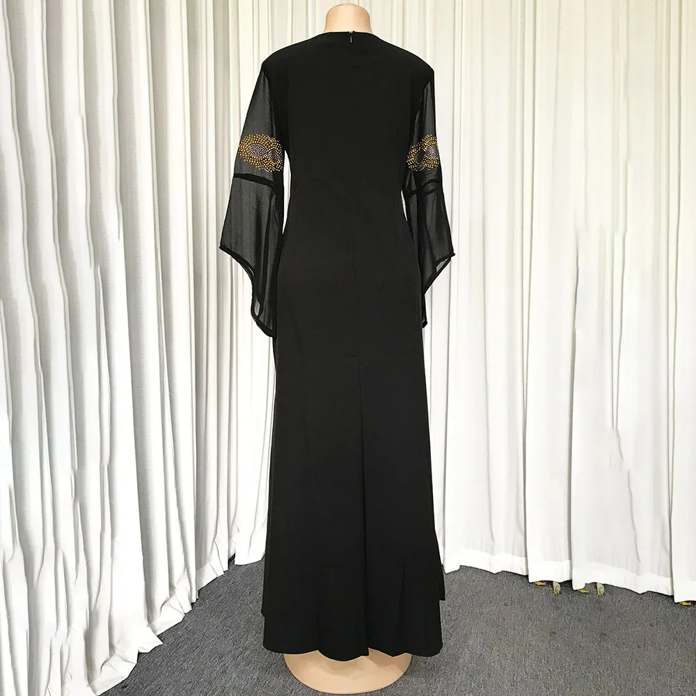

2021 Summer New Fashion Muslim Round Neck Long Sleeve Solid Color Hot Drilling Casual Oversize African Women's Dress