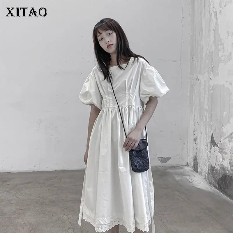 

XITAO Solid Color Folds Shrink Waist Dress Bandage Fashion Square Collar Puff Sleeve Summer New Loose Simplicity Women CLL1443