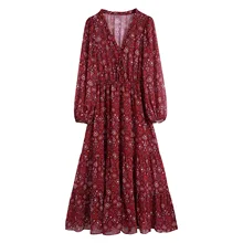 Robe africaine mi longue à volants, grande taille, décontractée, style bohémien, col en V, imprimé, manches longues élastiques, rouge, automne hiver 2021  (3)