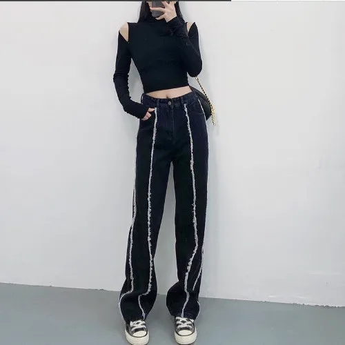 

Design Sense Line Edge High Waist Loose Jeans Casual Straight Wide Leg Mopping Trousers Trend Old Daddy Pants Streetwear Bottoms