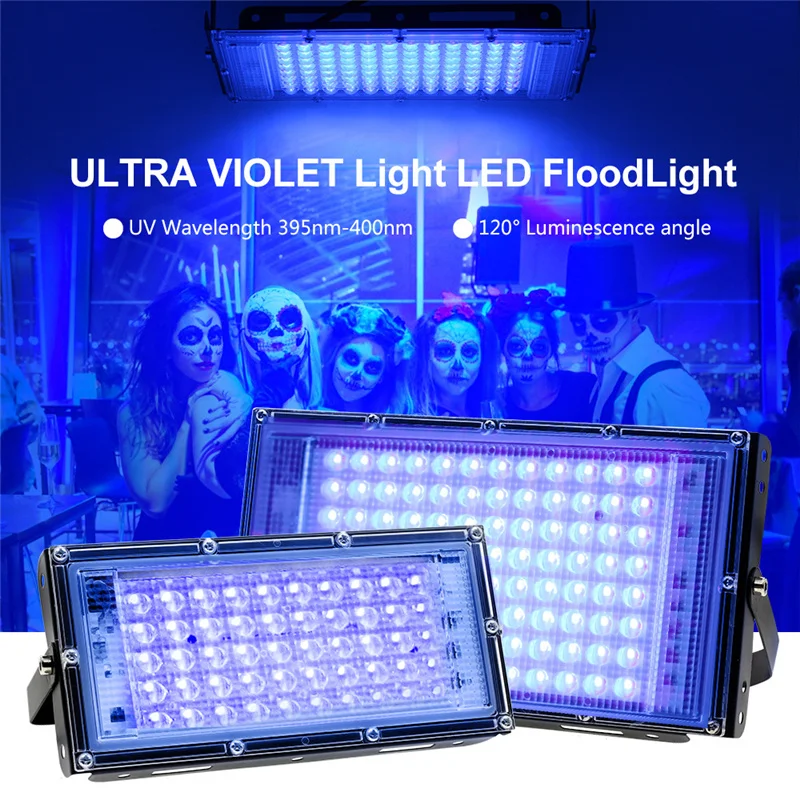 2pcs 100W UV DJ Disco Light 50W LED Floodlight EU Plug 220V Ultraviolet light 395nm Lamp Fluorescent Bulb for Halloween Party 1p - купить по