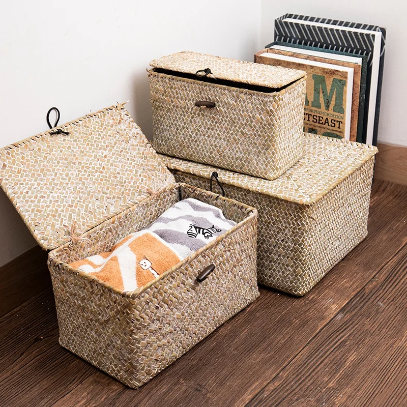 

Handmade Woven Storage Baskets Laundry Basket Home Storage Rectangular Storage Box with Lid Sundries Organizer panier rangement