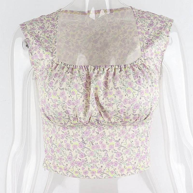 

ALLNeon 90s Aesthetics Floral Print Bustier Tops Summer Y2K Vintage Cute Square Neck Short Sleeve Milk Maid Top E-girl Outfits
