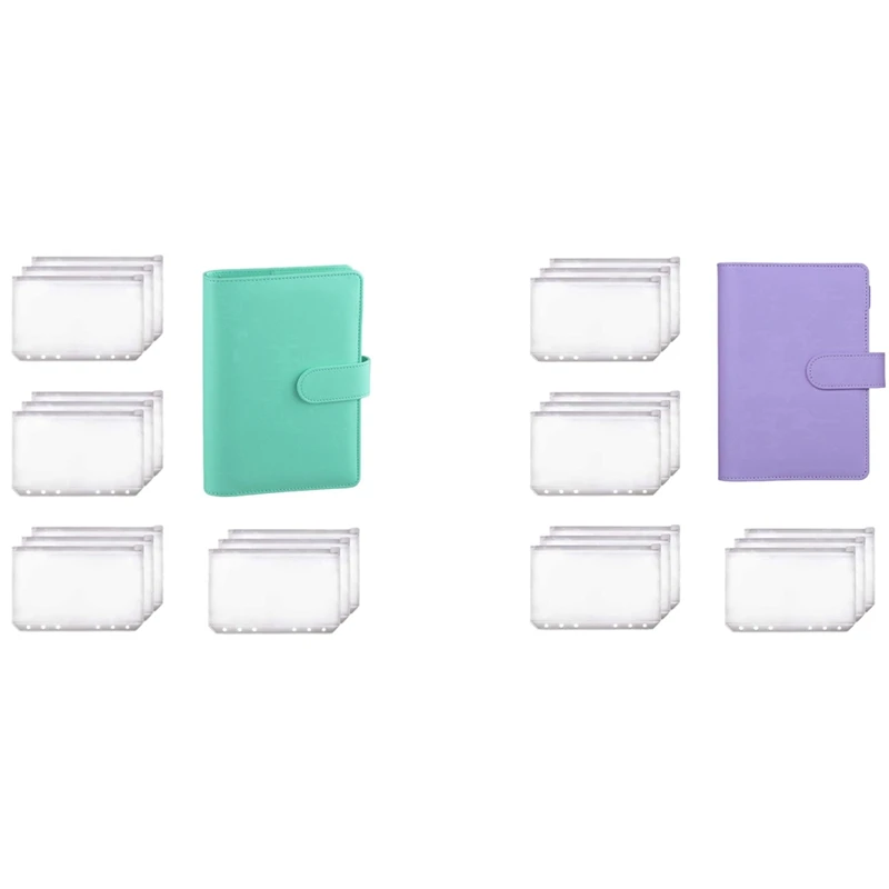 

2Pcs A6 Binder Planner Notebook Binder and 24 Pieces 6 Hole Binder Zipper Folder,Green & Purple