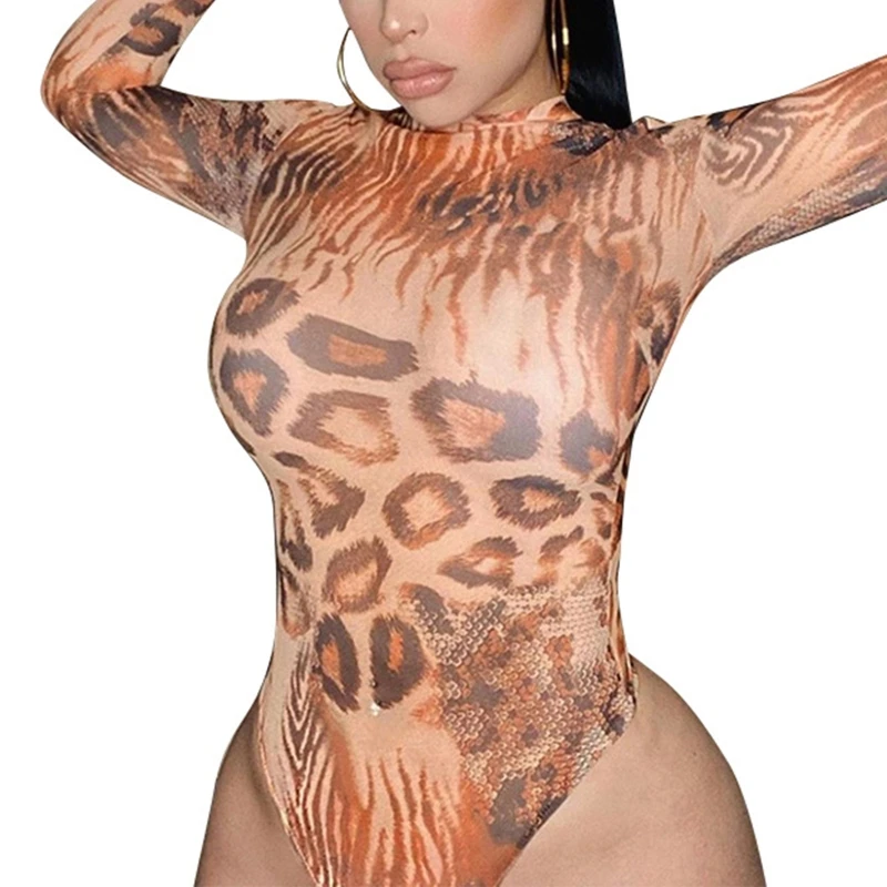 

Women Long Sleeve Mock Neck Bodysuit Leopard Dragon Angel Print Bodycon Leotard M5TE