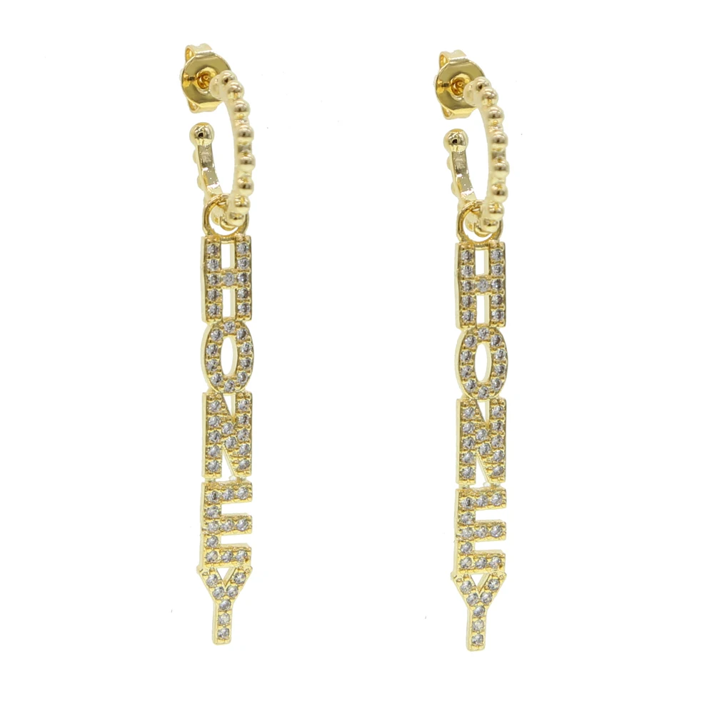 

Gold Silver Color HONEY Letters Earring Pendant Inset Clear Mini CZ Zircon Handing on Hook Dangle Earrings Women Fashion Jewelry