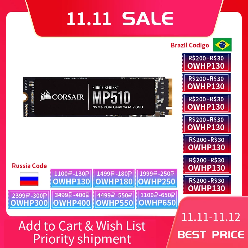 Твердотельный накопитель CORSAIR Force SSD-накопитель серии MP510 240 ГБ NVMe PCIe Gen3 X4 M.2 SSD 480 960