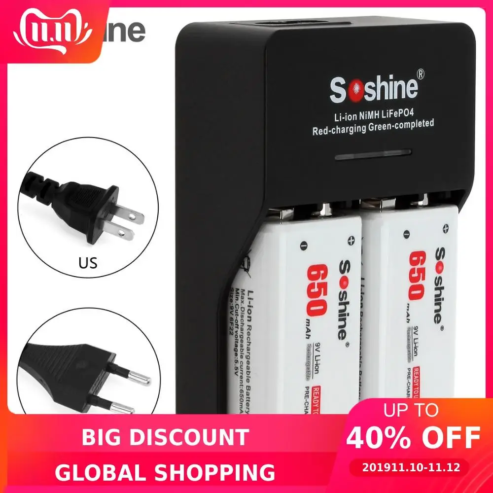 2 шт. Soshine 650 mаh 9В 6F22 Батарея Li-Ion Перезаряжаемые + Smart интеллигентая (ый) 9V Зарядное