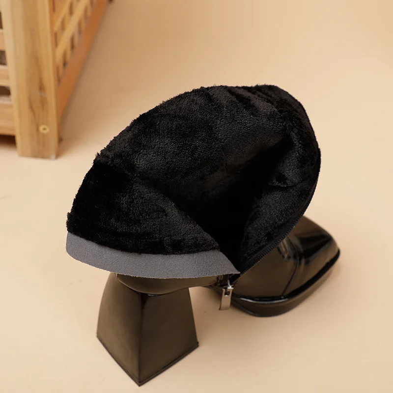 

Termainoov Women Boots High Heels Hoof Heel Patent Leather Ankle Boots Witer Plush Warm Shoes New Platform Chunky Square Toe