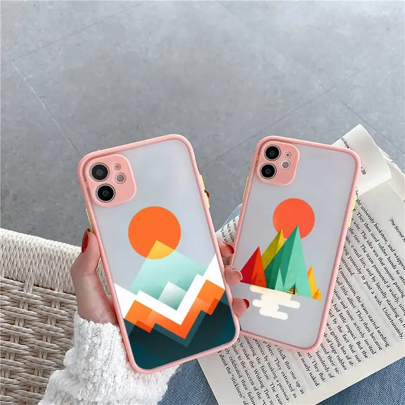 

Art painting Mountain sun print Phone Case For iPhone 12 11 Mini Pro XR XS Max 7 8 Plus X Matte transparent Pink Back Cover