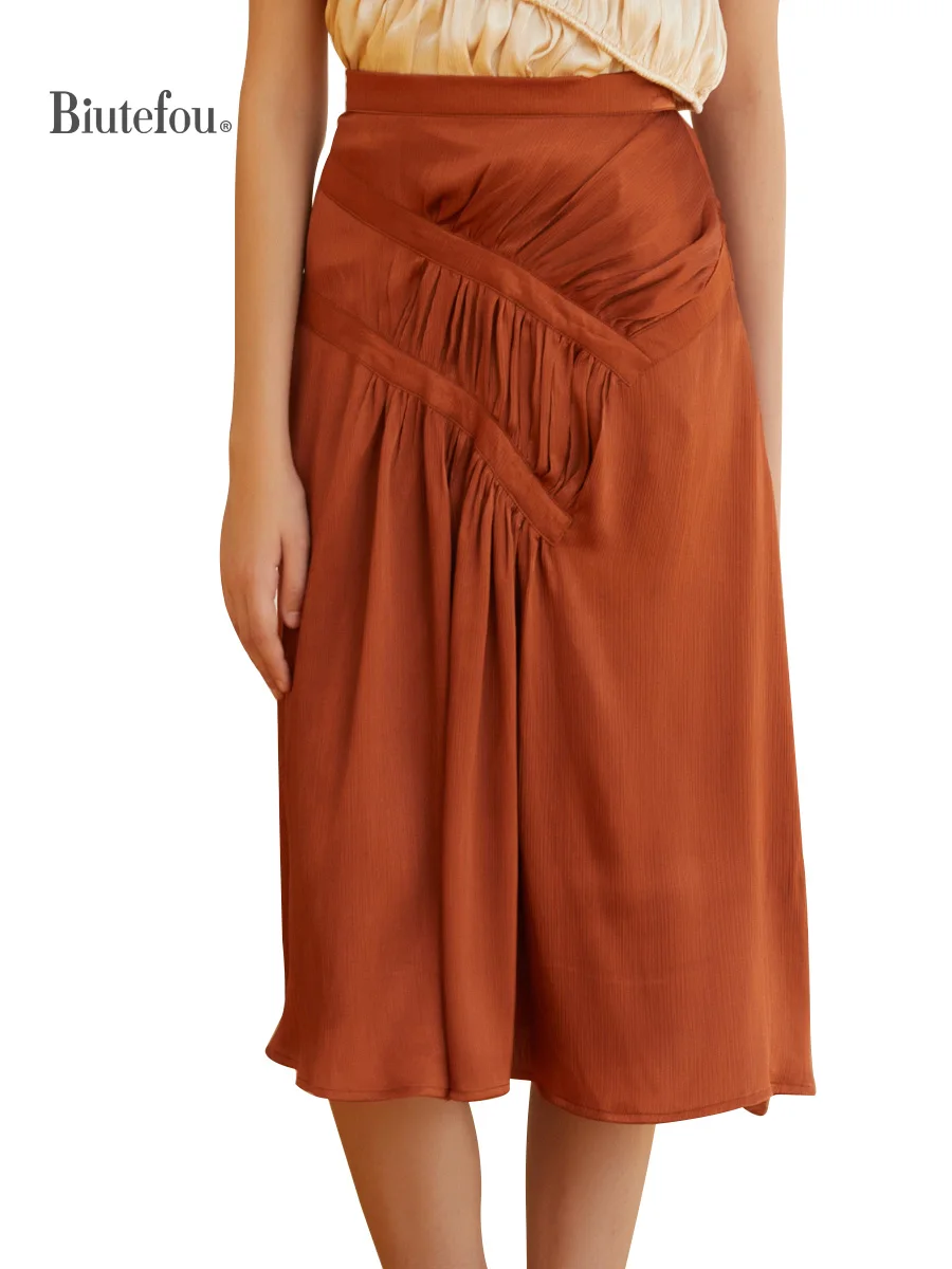 

2021 Summer Women Elegant High Waist Asymmetric Folds Skirts