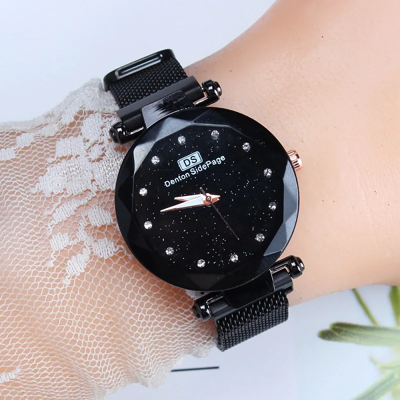 Black Top Luxury Starry Sky Women Watches Magnet Mesh Band Rhinestones Quartz Wristwatch Ladies Female Diamond Watch relogio feminino - Цвет: Black