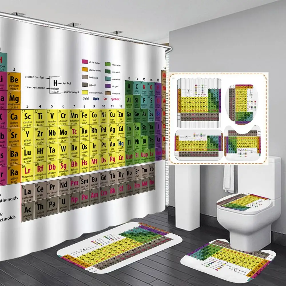 Periodic Table of Elements Shower Curtain 4 Piece Carpet Cover Toilet Bath Mat Pad Set Bathroom with 12 Hooks | Дом и сад