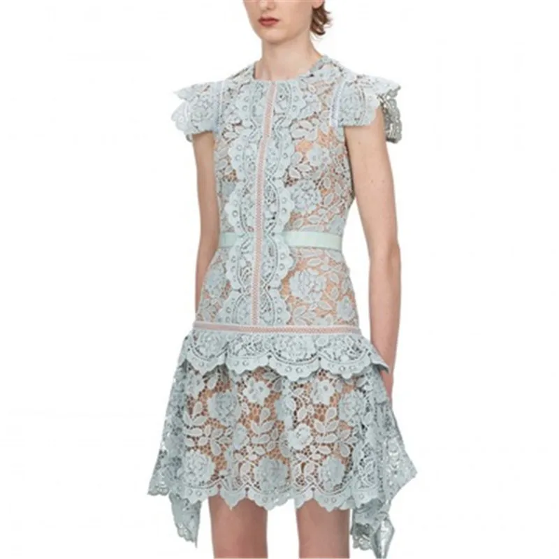 Женское кружевное мини-платье летнее синее платье с оборками лето 2022 | Женская