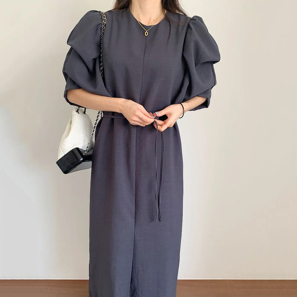 

Solid Color Puff Sleeve Summer Dress Korean Chic Minimalism Office Women Robe Black Blue Split Long Casual Women's Dresses