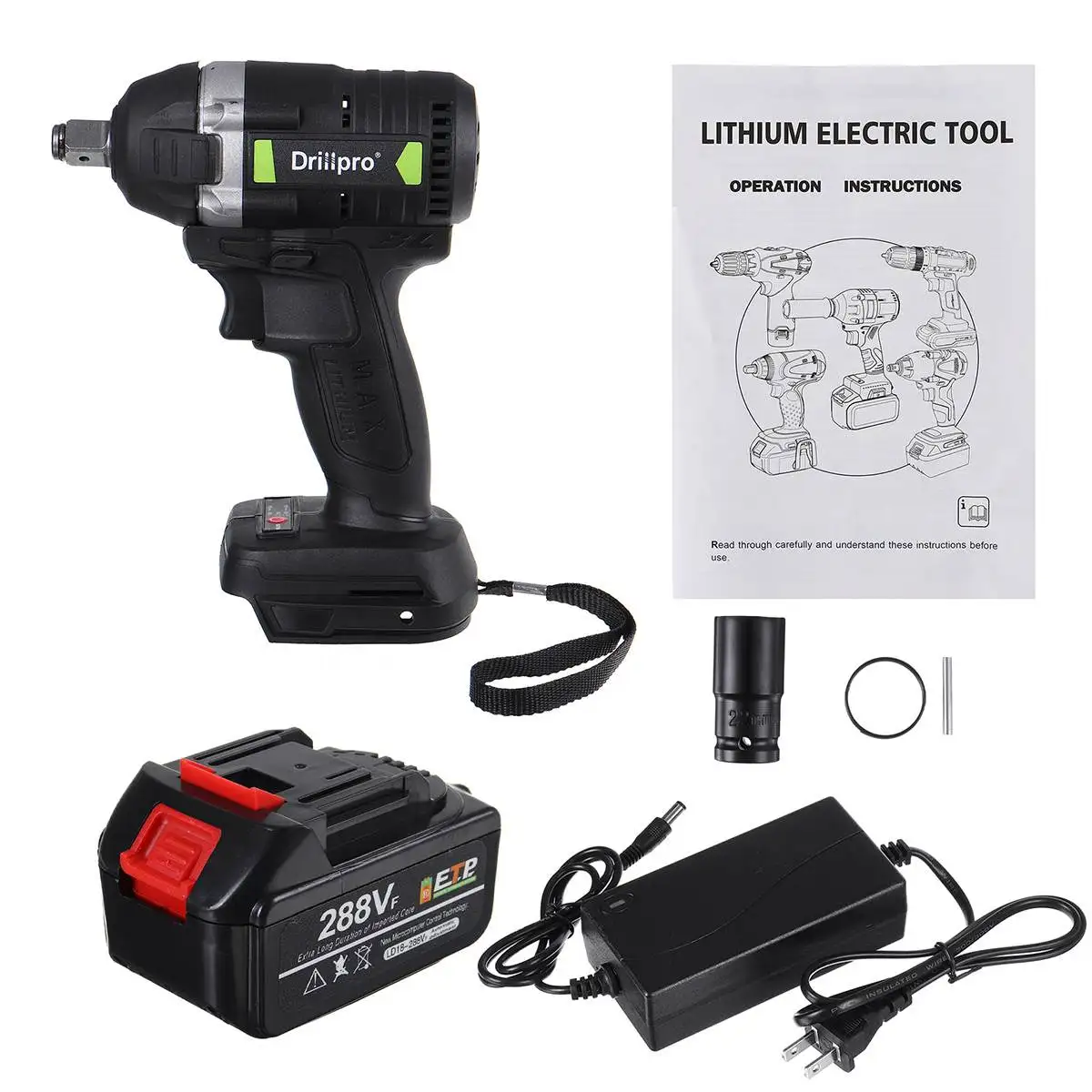 

288VF Brushless Electric Impact Wrench 1/2 inch Power Tools 630N.m Torque with 19800mAh Li-ion Battery+Charger+Sleeve