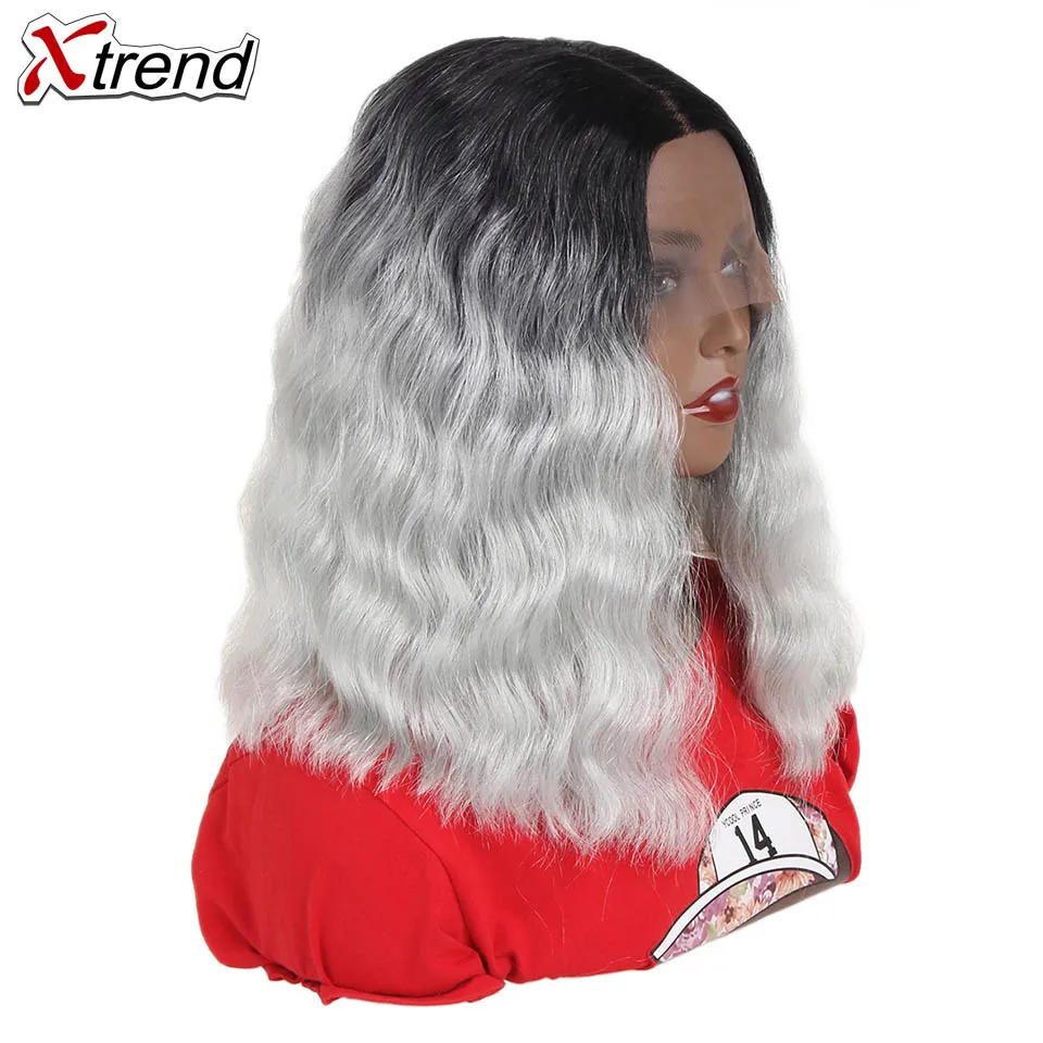 Xtrend волосы синтетический парик на кружеве короткий волнистый средняя часть Pelucas De Mujer черный цвет 14 дюймов парик на шнурке