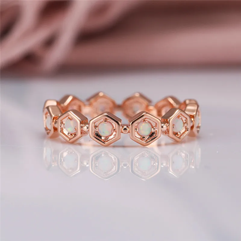 

Small Round White Fire Opal Geometric Rings For Women Finger Bands White Gold Rose Gold Engagement Ring Female Wedding Jewelry