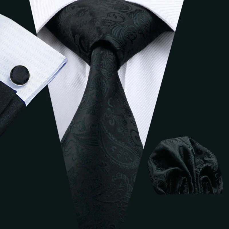 

Mens Tie Silk New Classic Black Hanky Cufflinks Necktie Ties For Men Formal Business Wedding Party