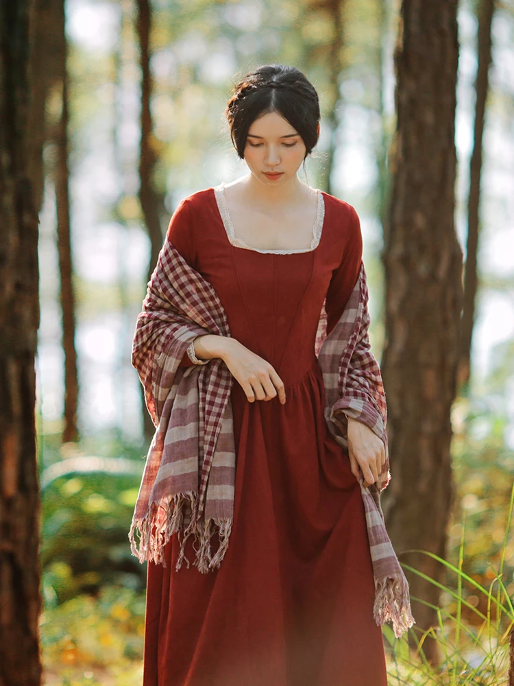 Женское винтажное Замшевое платье длинное красное с длинным рукавом и