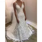 Белое кружевное свадебное платье с юбкой-годе, V-образным вырезом, открытой спиной, цветочным бисером, свадебное платье со шлейфом, свадебные платья