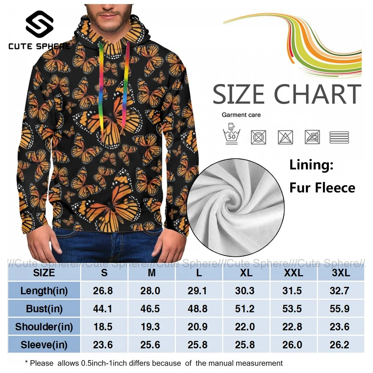 

Butterfly Hoodie Polyester Autumn Hoodies Long Length Streetwear Casual Pullover Hoodie XL Men