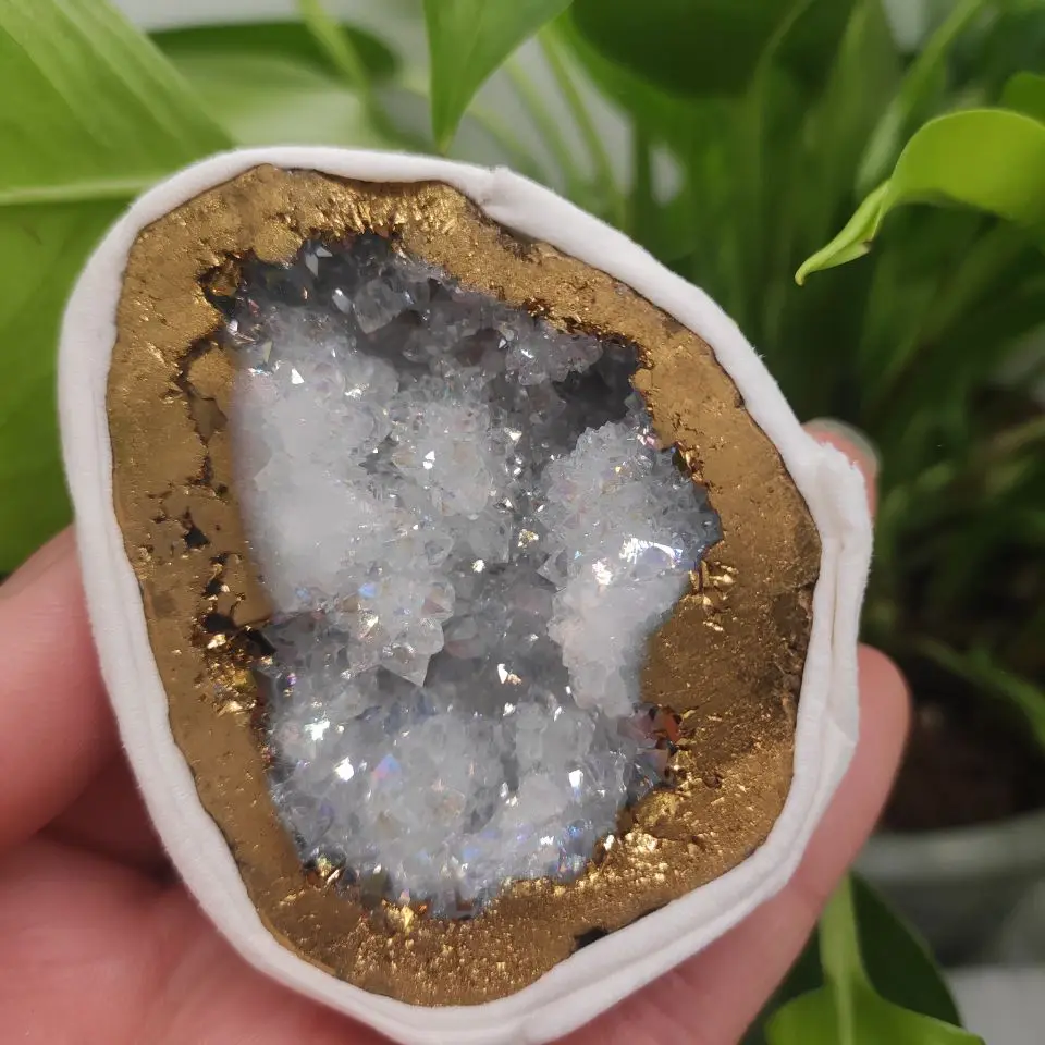 

1pcs Natural Angel Aura Agate Geode Crystal Hole Mineral Specimen Contains Clean Clusters Electro Plating