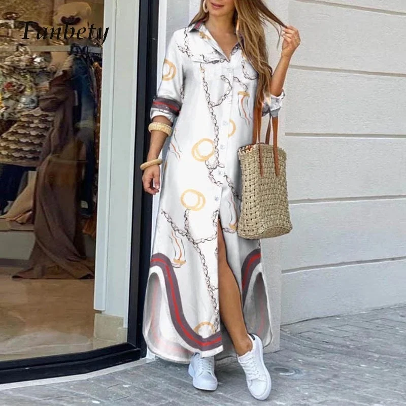 

Fashion Women Long Sleeve Shirt Dress Autumn Printed Long Dresses Laides Turn-down Collar Loose Sundress Party Dresses