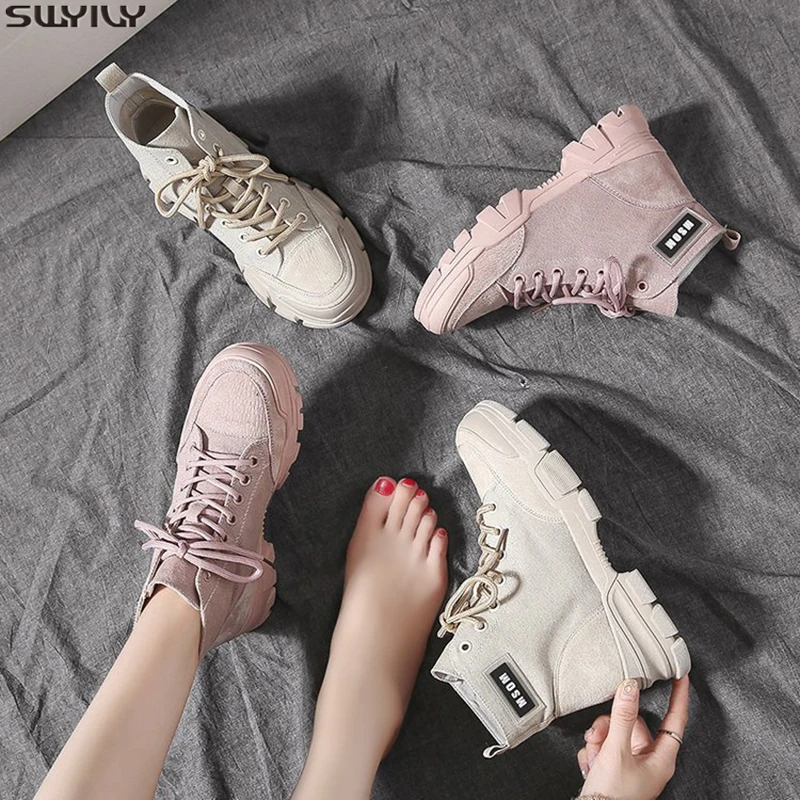 SWYIVY Chaussure Femme Парусиновые Ботинки Martin Женская обувь на танкетке Женские ботильоны