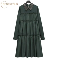 autumn new style oversize long sleeved mid length dress skirt doll collar stitching loose commuter dress