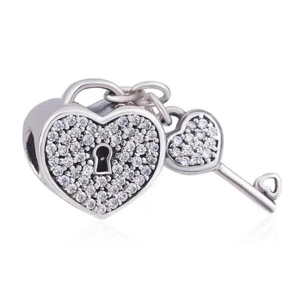 

Genuine 925 Sterling Silver Charm Love Heart Lock & Key With Crystal Pendant Beads Fit fashion dora Bracelet & Necklace Jewelry