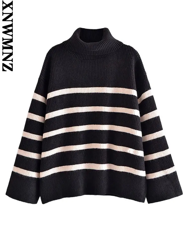 

XNWMNZ Women striped knit sweater Ladies vintage high neck loose sweater Spring long sleeve Street wear knitted women's pullover