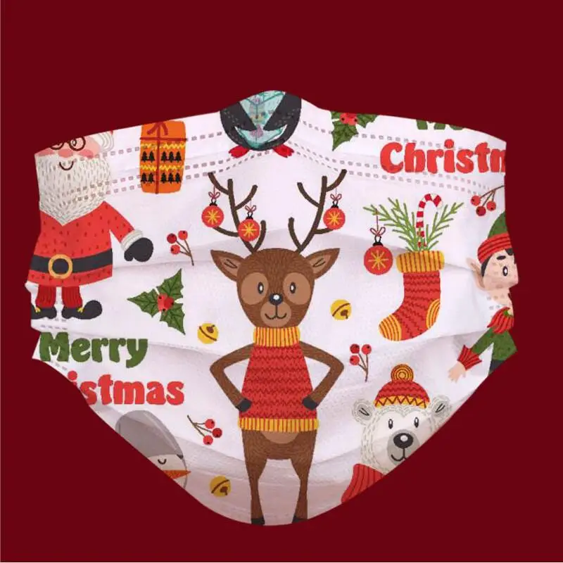

50 PCS Kid Mask Disposable Mask Christmas Tree Elk Snowman Santa Pattern Face Mouth Child Mask Cute Baby Mask Anti-dust Mask