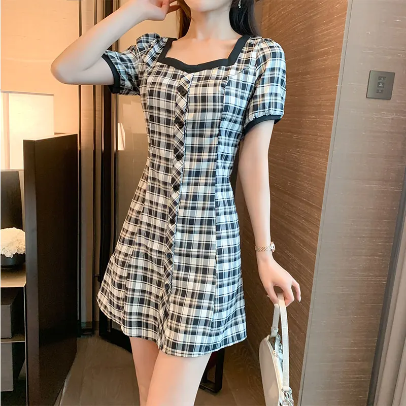 

Women's Dress Retro Summer Plaid Dresses Knee-Length Clothing Fashion Casual Korean Version Draw Back High Waist Houthion