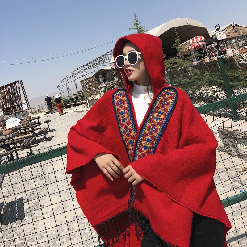 

National Wind Qinghai Tibet Yunnan Tourism Super Large Chinese Red Cabernet Sauvignon Ladies Thickened Solid Ribbon Capes