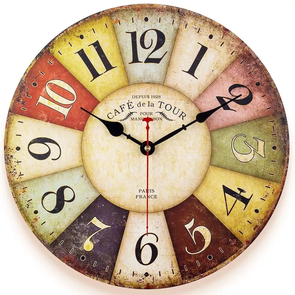 Ретро деревянная стена Clock 12inch кварцевый Бесшумный большой винтажный потертый