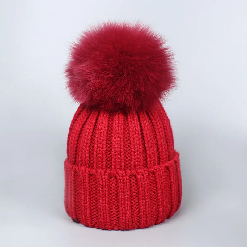 Red-Hat Осень-зима, детский, взрослый, леди, помпон из лисьего меха, женская вязаная шапка, шапка, шарф, набор, детский, Soild, вязаный крючком, большой помпон, шапки, s - Цвет: Red-Hat