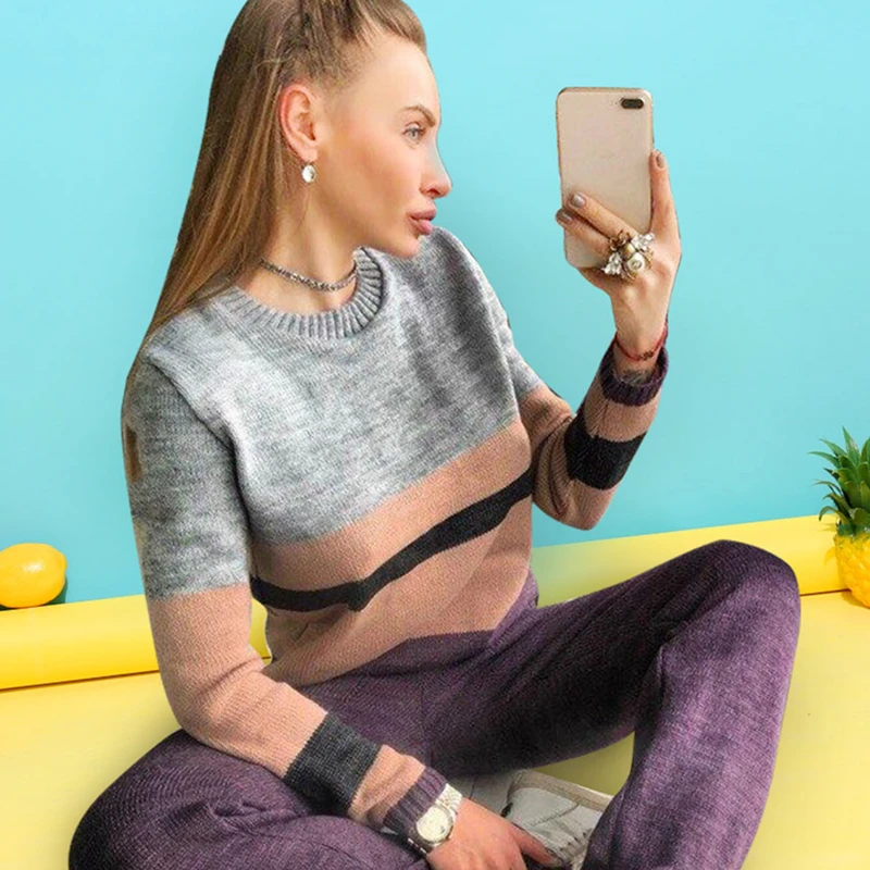 Purple Женский вязаный костюм из двух предметов MVGIRLRU, разноцветный костюм с укороченным свитером/пуловером и с брюками - Цвет: Purple