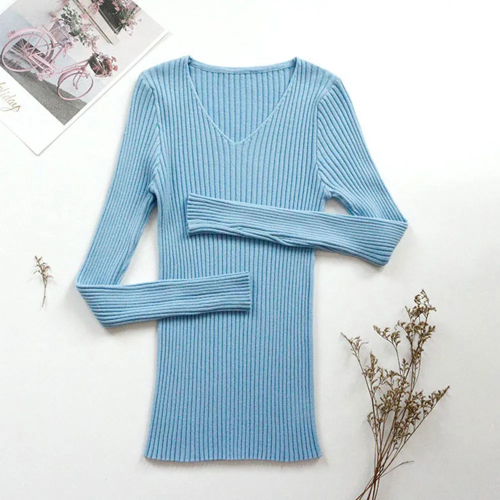 

Gentillove Casual All-match Ribbed Sweaters Elegant V Neck Slim Pullovers Korean Harajuku Solid Knitting Sweaters Women Tops
