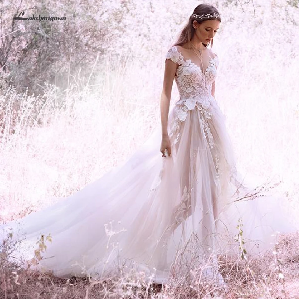 

Lakshmigown A Line Princess Bride Dress 2020 Robe Mariee Boho Wedding Dresses 3D Flowers Mariage Long Wedding Gowns Long Train