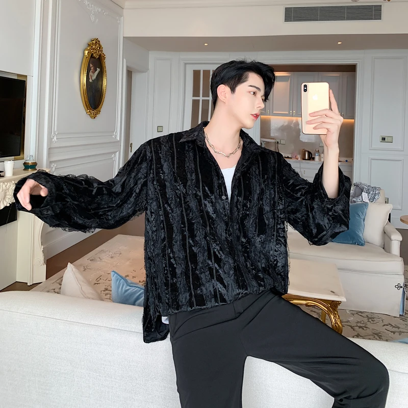 Men Vintage Fashion Black Gray Lace Velvet Striped Loose Long Sleeve Casual Shirt Male Women Streetwear Hip Hop Dress Shirts | Мужская