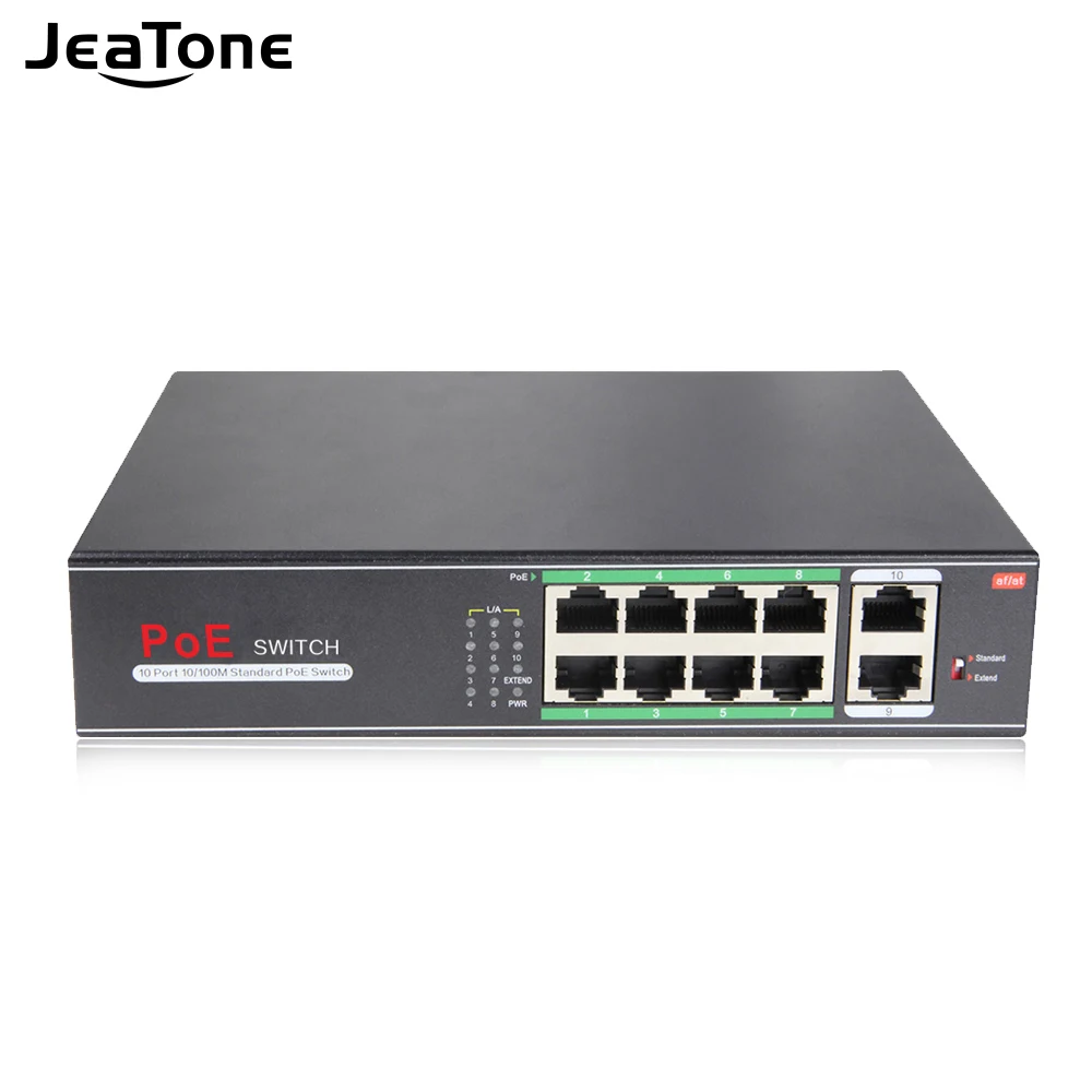 

Jeatone 48 в 10 портов 10/100/м сетевой коммутатор POE Ethernet IEEE 802.3af/at, подходит для ip-камеры/беспроводного AP/камеры видеонаблюдения 250 м