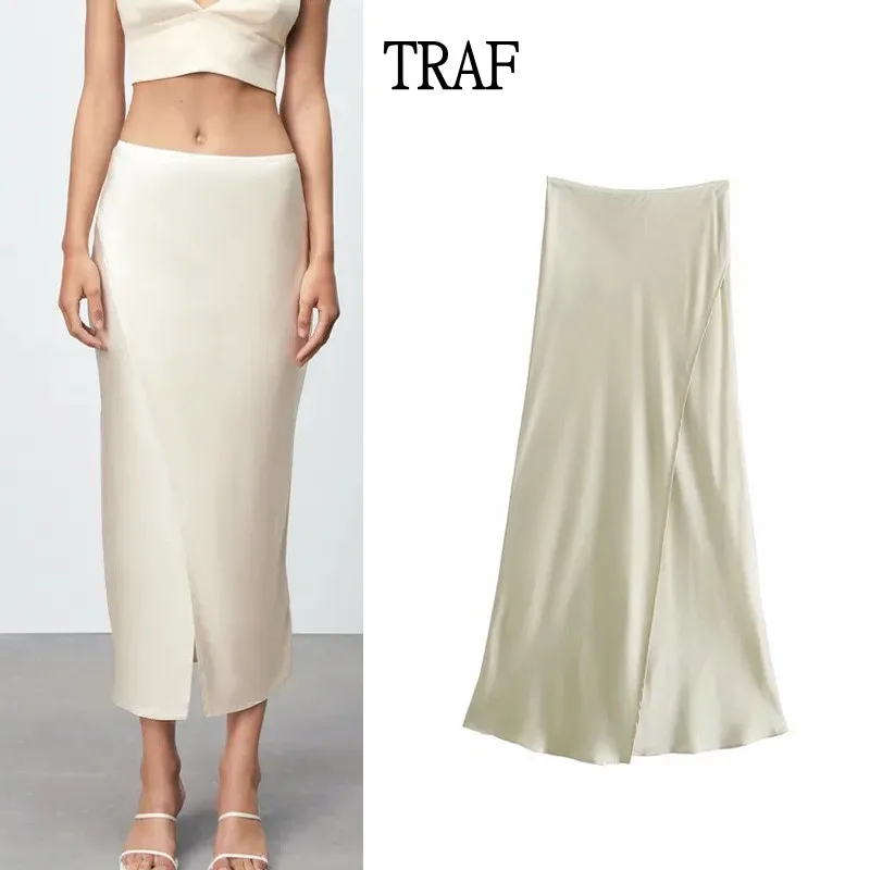 

Юбка Женская атласная средней длины с высокой талией и разрезом