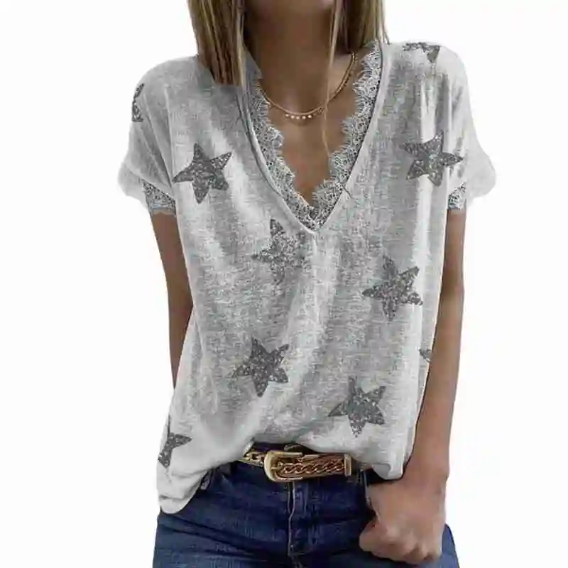 Женская футболка с коротким рукавом V-образным вырезом и кружевом - купить по