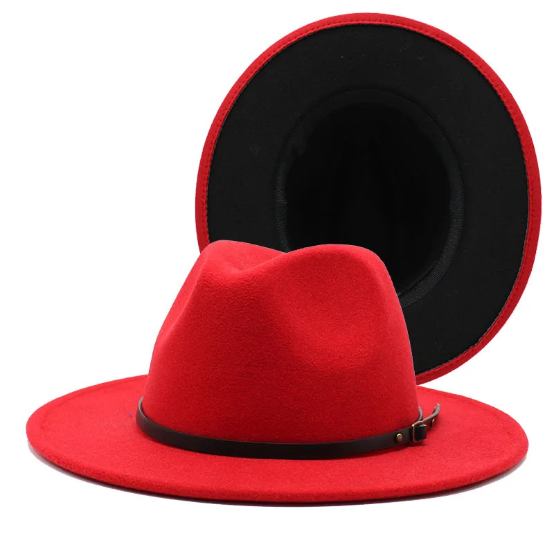 

Black Red Patchwork Wool Felt Jazz Fedora Hats Belt Buckle Decor Women Unisex Wide Brim Panama Party Trilby Cowboy Cap 56-61cm
